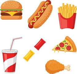  Isolated a kinds of deferent Fast food item vector art with white background.