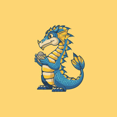 Obraz premium Cartoon blue and yellow dragon sits holding a sphere, on a yellow background