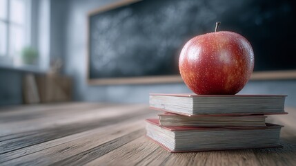School books on desk near chalkboard background