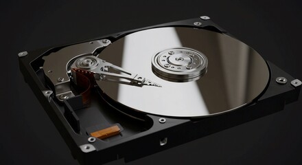 Close-up view of the internal components of a hard disk drive, showcasing the spinning platters and read/write head.