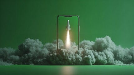 Rocket takes off with clouds from a smartphone on a blue background, a creative idea. Faster mobile device. Strap growth. Online business development,