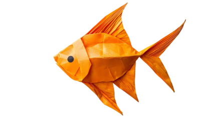 Origami goldfish made of paper in orange Isolated transparent on white background
