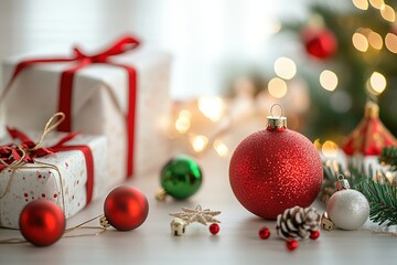 A carefully arranged Christmas scene, with traditional red and green holiday ornaments placed on a clean white desk, creates a warm and inviting atmosphere;