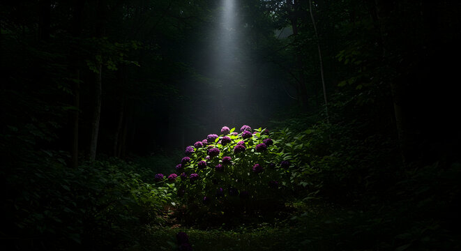 Black Hydrangeas on a forested mountain, with dramatic spotlighting from above Deep and mysterious