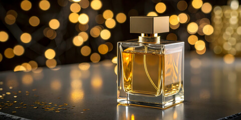 Elegant Glass Perfume Bottle with Golden Liquid and Bokeh Lights