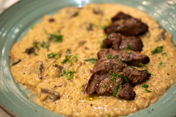 Risotto with sliced meat steak served on plate. It is a popular Italian rice dish.
