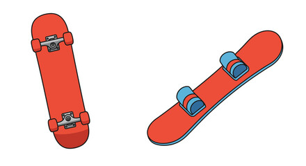 Illustration of a red skateboard and a red snowboard against a white background © Faisal