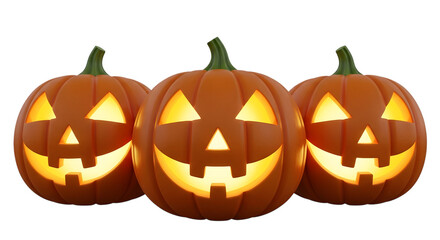 Three carved pumpkins isolated on transparent background