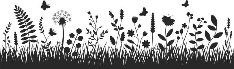 Black silhouette illustration of wildflowers, grass, and butterflies, decorative floral border design, natural meadow plants, spring and summer background