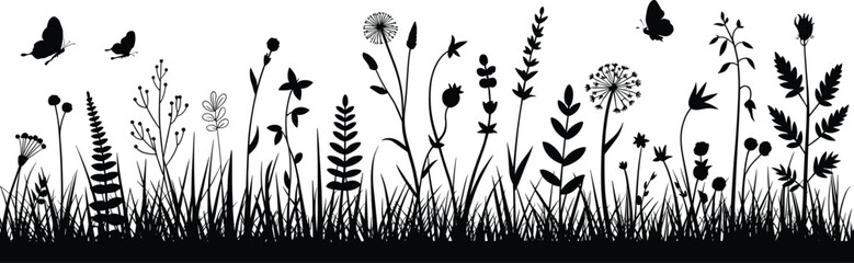 Black silhouette illustration of wildflowers, grass, and butterflies, decorative floral border design, natural meadow plants, spring and summer background