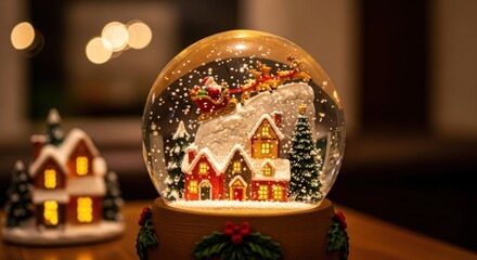 Fototapeta premium Santa in sleigh over snowy village inside a snow globe holiday decoration