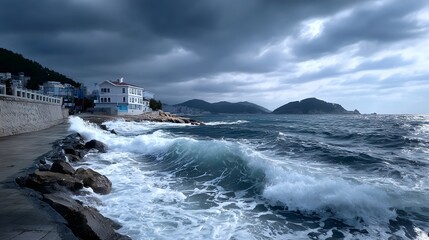 Fototapeta premium Powerful waves crashing against the rocky coastline under a moody, overcast sky with dark clouds in the distance.