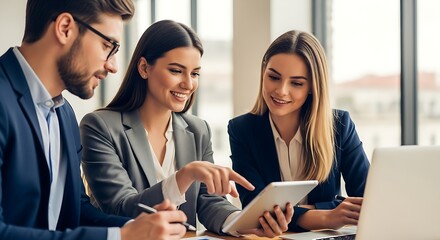 Three professionals collaborating on a digital tablet in a modern office environment, discussing business strategy and achieving success