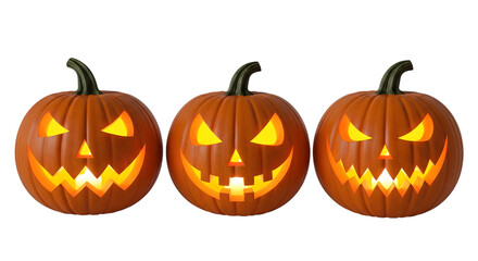 Three carved halloween pumpkins with glowing faces isolated on transparent background