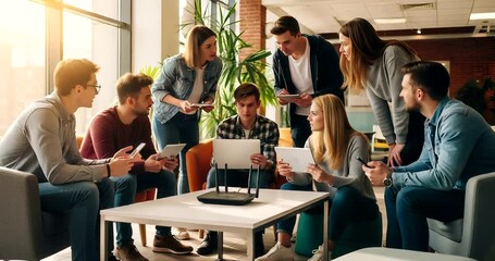 Diverse group collaborates on a project with tablets and laptops, sharing ideas and solutions in a - Powered by Adobe