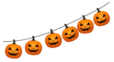 String of carved pumpkins for halloween isolated on transparent background