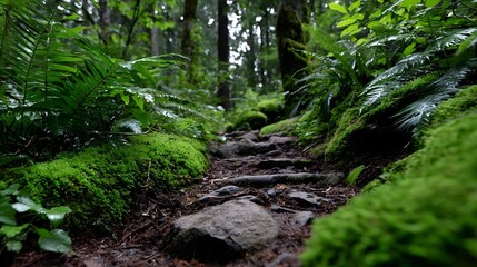 Obraz premium A lush, verdant forest path winds through a tranquil landscape covered in moss-covered rocks and thriving ferns, creating a serene and enchanting scene.