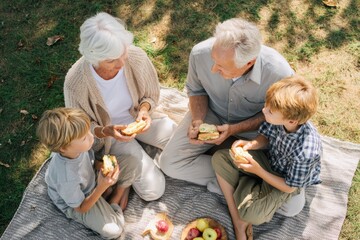 Elderly couple sharing a picnic with grandsons under midday sunlight in a serene park setting