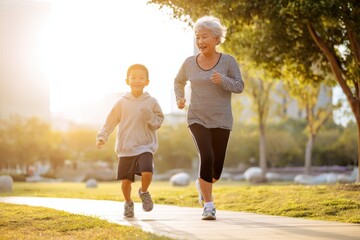 Elderly grandmother and grandson jogging together in urban park at sunrise, showcasing family bonding