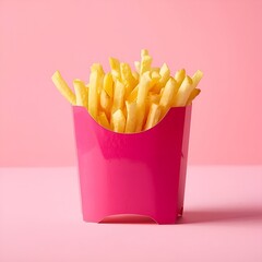 Gold French Fries in Pink Carton on Pink Background