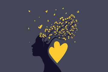 Woman Silhouette with Blossoming Tree and Hearts – Mind, Brain and Performance Concept Illustration