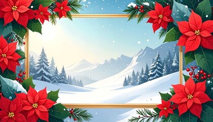 Winter landscape framed by poinsettias