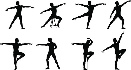 Ballet dancer silhouette collection, elegant poses, graceful movement, black figure art, dance posture, flexibility, performance, classical ballet, artistic expression