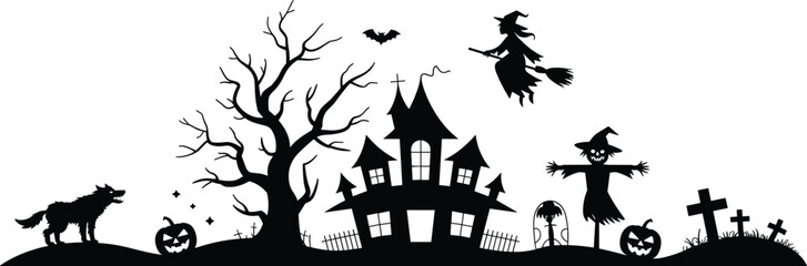 Halloween silhouettes illustration with haunted house, witch on broomstick, pumpkins, bats, scarecrow, graveyard, spooky tree, wolf, horror night design