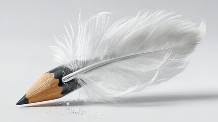 Black and white photograph of a feather. the feather is drawn in a realistic style with thin lines and curves. it is lying on a plain white backgroun