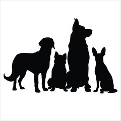 Group of Dogs Silhouette Vector of Different Breeds Isolated on White Background