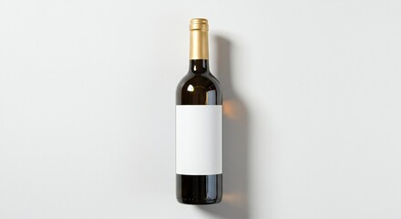 Elegant Flat Lay: Wine Bottle Mockup, White Label & Gold Cap, Tranquil Minimal