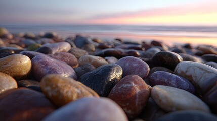 Colorful Pebbles On Beach At Sunset