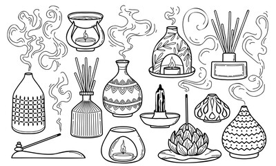 PrintAromatherapy and fragrance outline vector illustrations collection. Incense stick, aroma lamp, diffuser.
