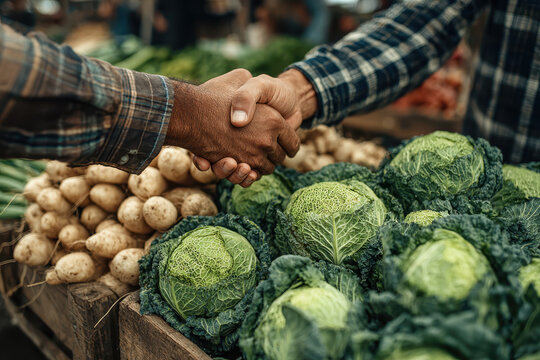 Two people shaking hands over market stall filled with fresh vegetables, including cabbages and potatoes, symbolizing successful transaction or agreement. scene conveys sense of community