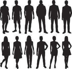 Set of men and women silhouettes standing, diverse fashion styles, casual and formal clothing, isolated on white background, modern vector illustration