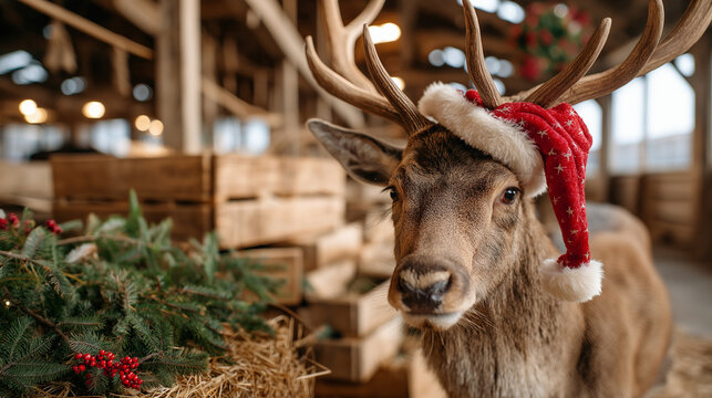 A silly anthropomorphic deer with branched antlers tries on an oversized Santa hat embroidered with stars in a rustic barn glowing reindeer noses illuminating scattered hay bales - Powered by Adobe