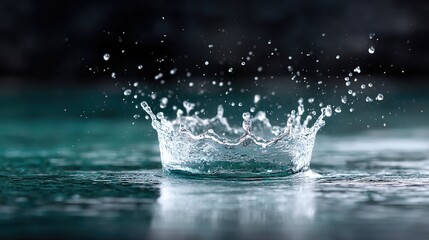 Dynamic Clear Water Splash Isolated with Black and Teal Background Liquid Droplets and Crown Shape Formation