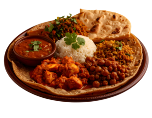 Colorful Indian Cuisine Platter with Rice, Curry, and Bread