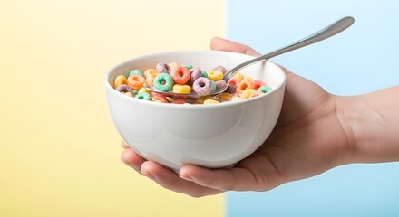 A hand holding a bowl of colorful cereal with a spoon, set against a pastel background