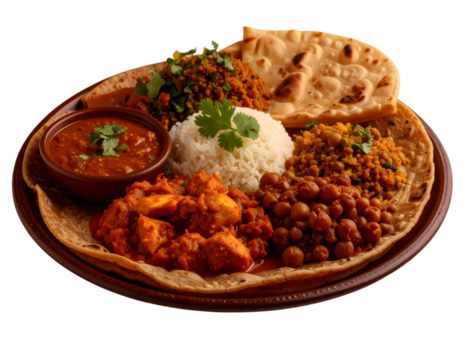 Colorful Indian Cuisine Platter with Rice, Curry, and Bread