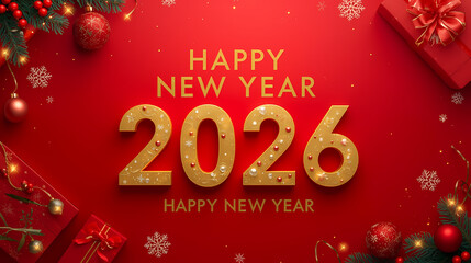 Happy New Year 2026 text in bold 3D typography with glowing highlights on vibrant red background, festive holiday design for Christmas and New Year greetings.