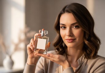 Fototapeta premium A beautiful woman holds a bottle of perfume, showcasing the elegant fragrance for a luxurious and sophisticated presentation