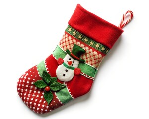 Red christmas stocking with snowman applique and holly, isolated on white background