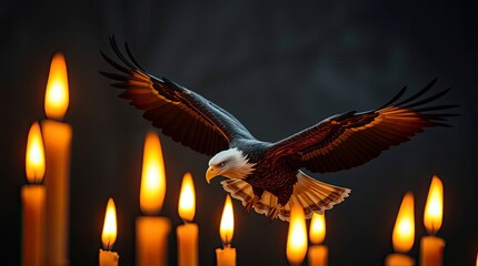 Warm candlelight, an eagle in flight, a majestic, flickering flame, warm light, commercial quality