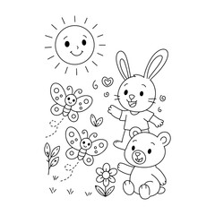 Hand drawn kawaii coloring book illustration, simple line art, clean outline, no shading, doodle style, suitable for children’s coloring book with transparent background