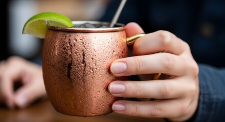 A hand holding a copper mug filled with a refreshing drink garnished with lime, set on a wooden table