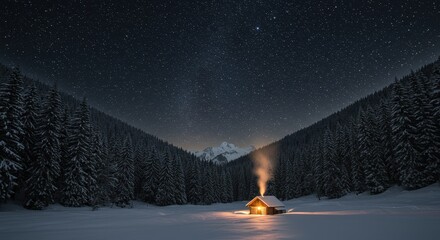 Cozy wooden cabin glowing warmly in a snow-covered landscape under a starry night sky with dense evergreen trees