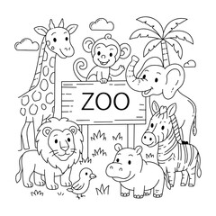 Hand-drawn zoo coloring book illustration, simple line art, clean outline, no shading, doodle style, suitable for children's coloring book with transparent background