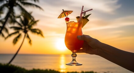 Vibrant tropical cocktail held against a stunning sunset backdrop with palm trees by the ocean