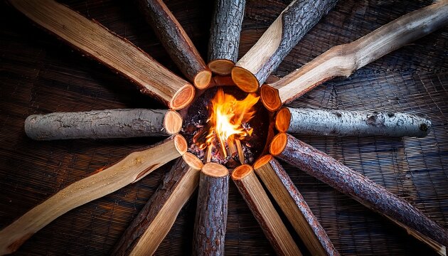 a top down view of a campfire with logs arranged in a starburst pattern and flames in the center